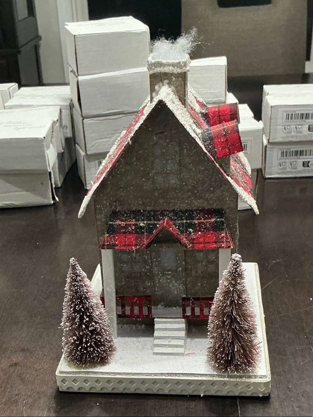 Plaid Roof Holiday Decorative House - White and Red